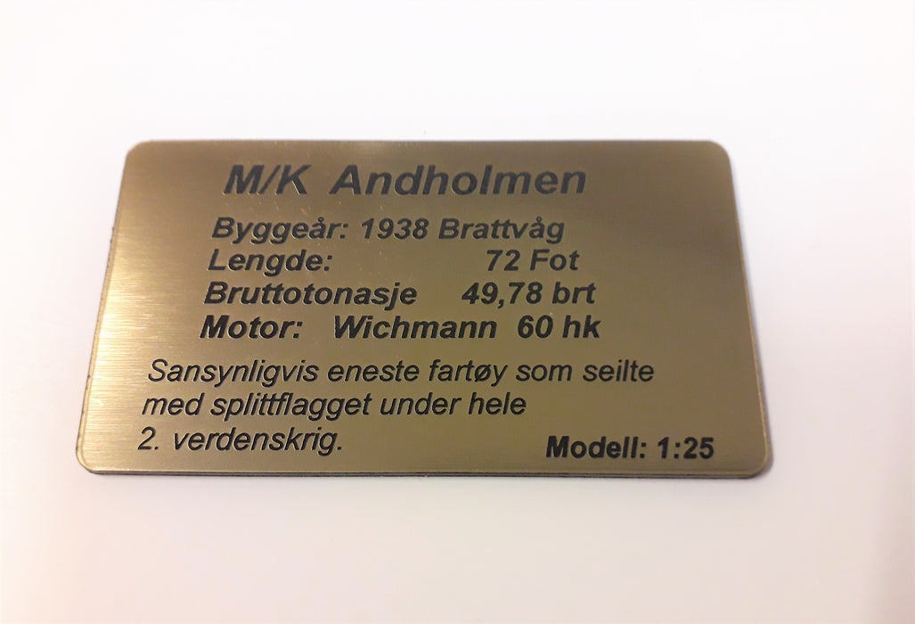 Dataplate for M/K Andholmen. (90x50x1,6mm)